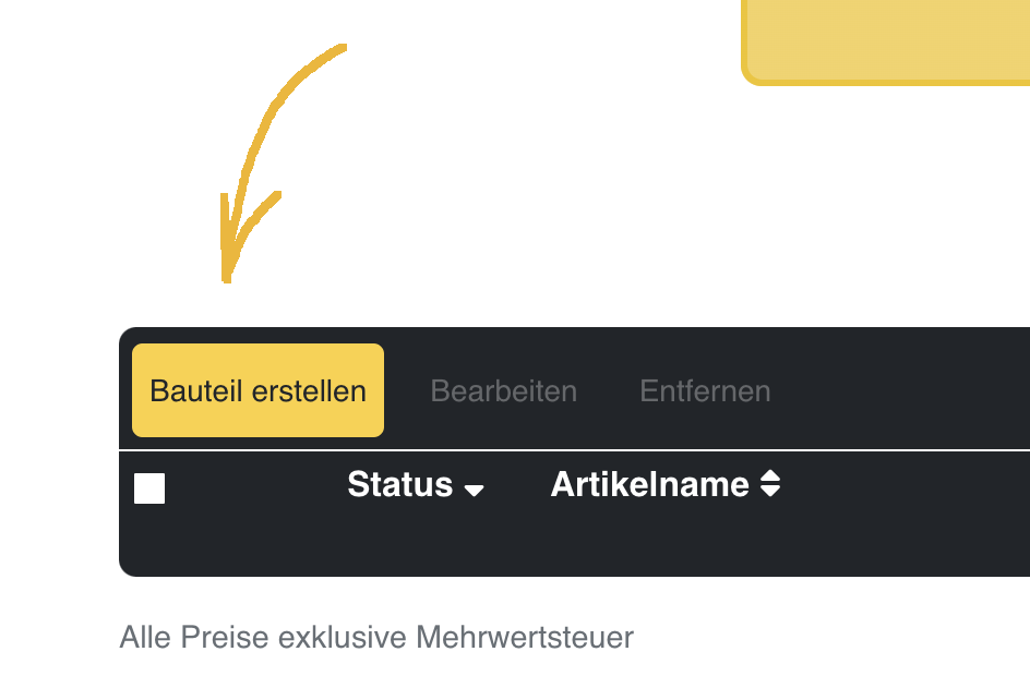Menü für Bauteilzeichnung
